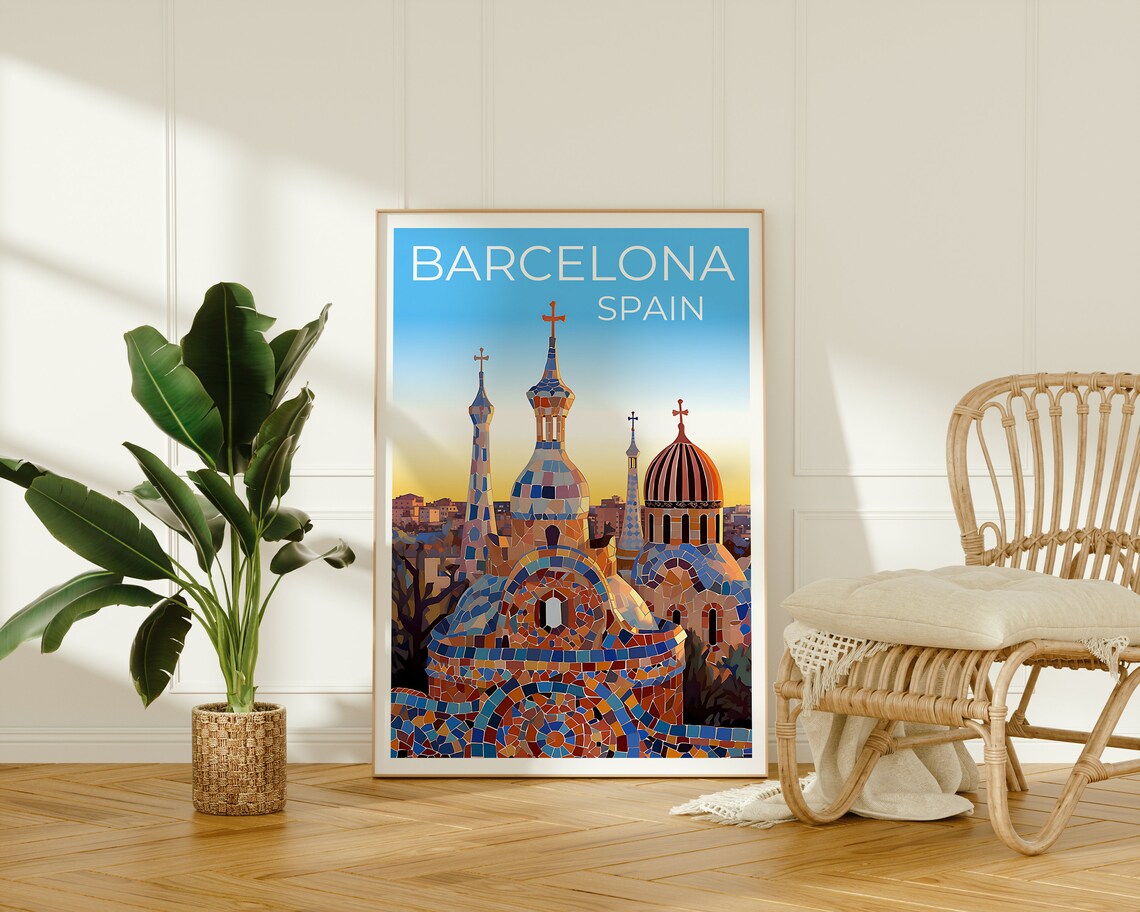Barcelona Travel Poster, Spain City Park Guell Art Print - Image 2