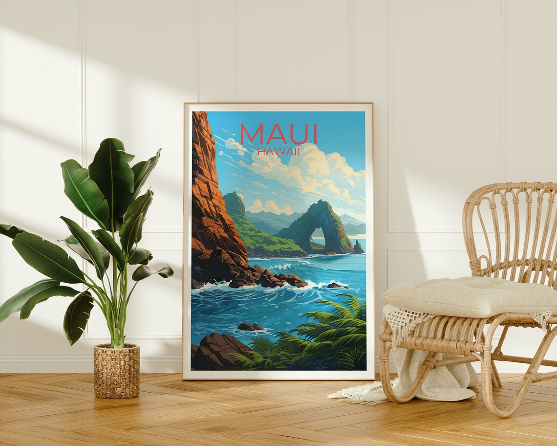 Maui Hawaii Rocky Coast Natural Sea Arch Ocean View Travel Poster - Image 2