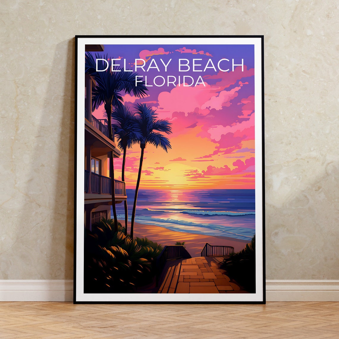 Delray Beach Florida Sunset Palms Ocean Waves Boardwalk View Poster