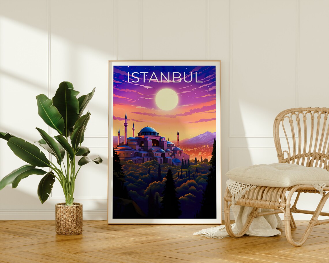 Istanbul Hagia Sophia Sunset Moonlit Dome Skyline Turkey Poster - Image 2