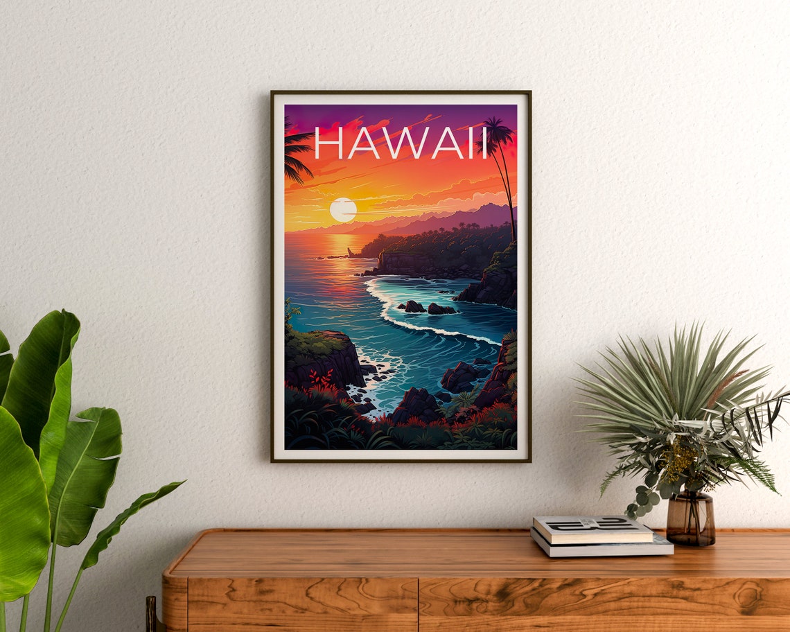 Hawaii Ocean Sunset Rocky Cove Cliffs Teal Waves Travel Poster - Image 3