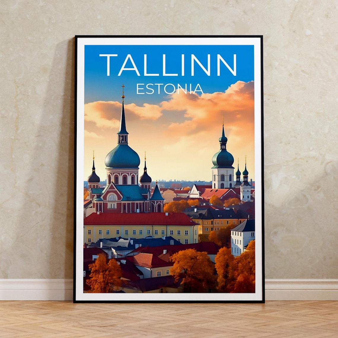 Tallinn Estonia Old Town Church Domes Autumn Sunset Travel Poster