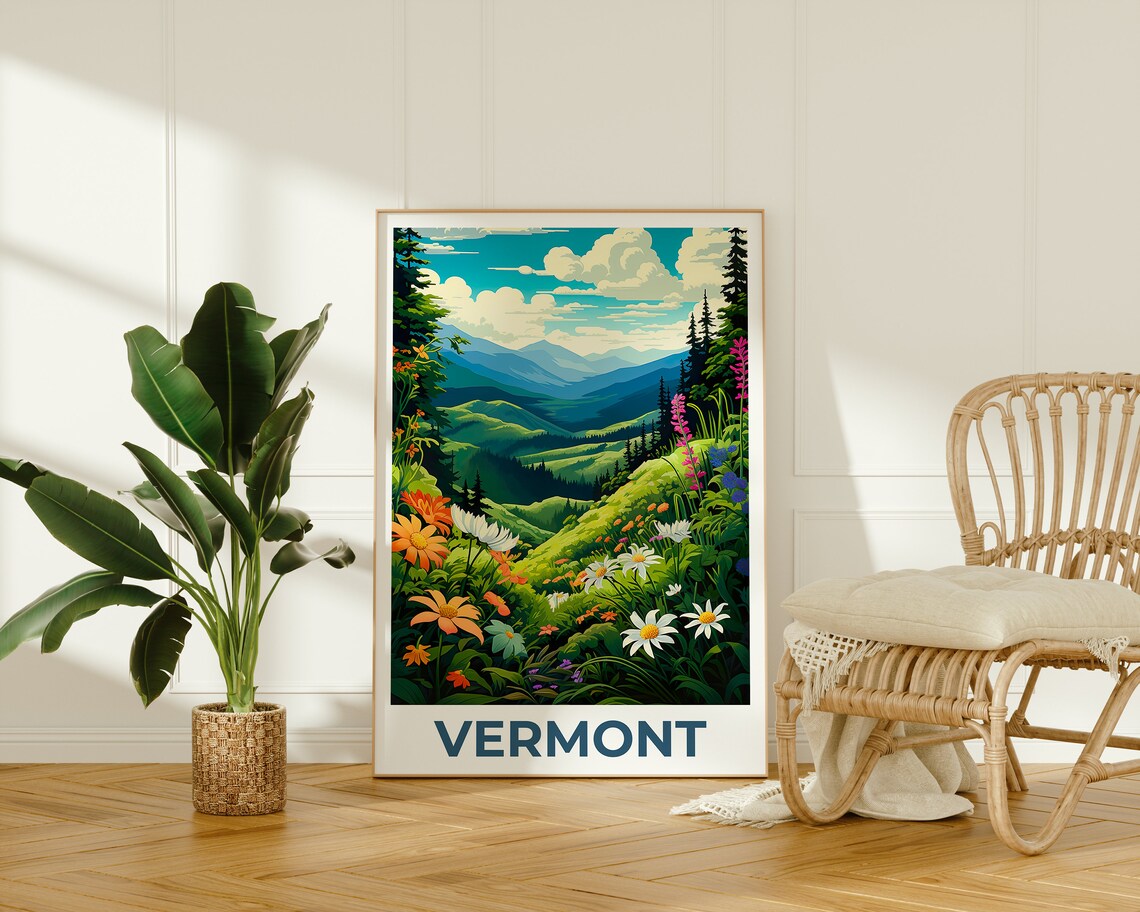 Vermont Green Mountains Flower Travel Poster Print - Image 2