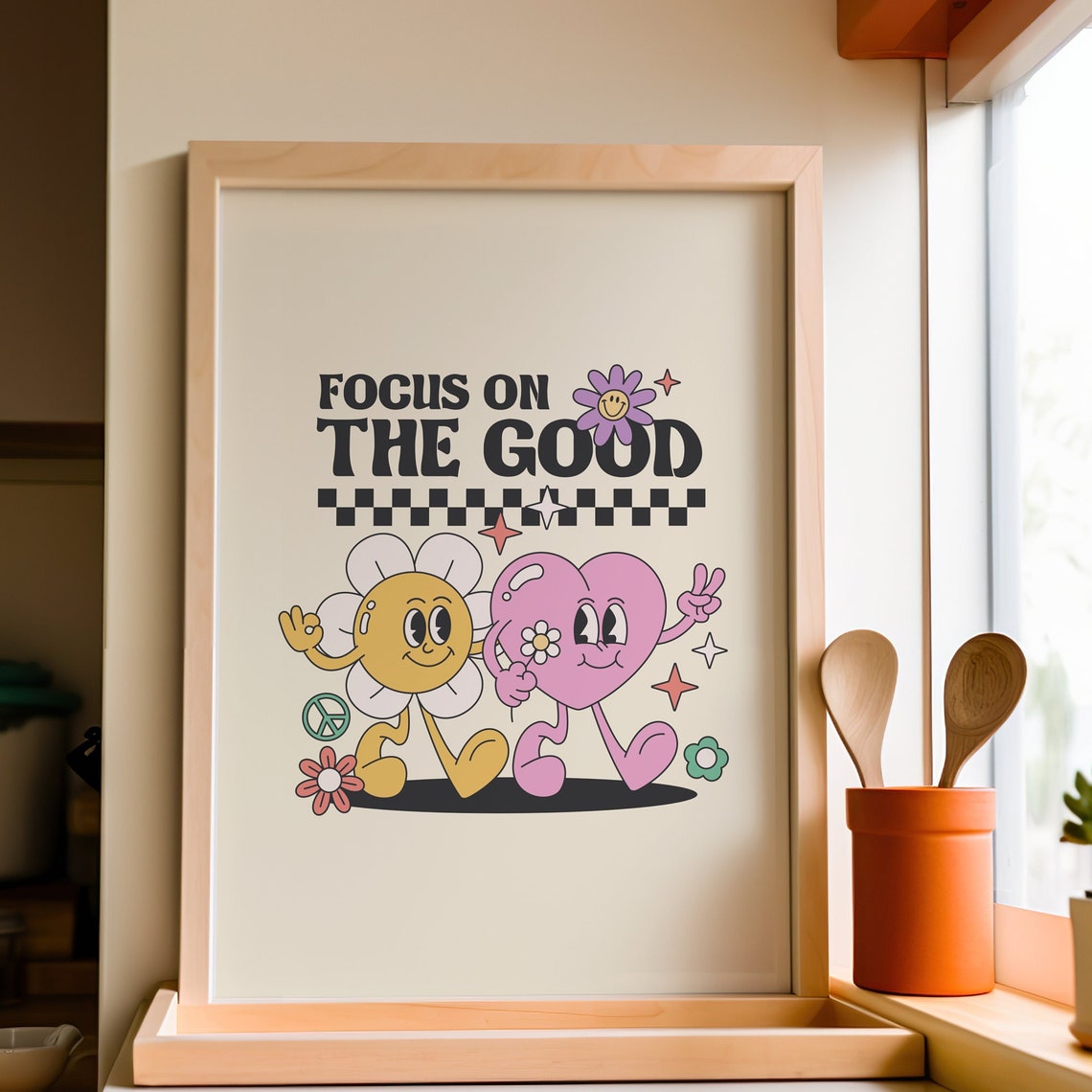 Focus On The Good Retro Cartoon Characters Groovy Quote Poster