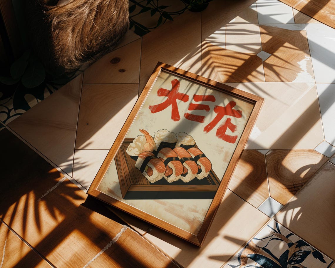 Retro Sushi Nigiri Salmon Platter Japanese Kanji Kitchen Poster