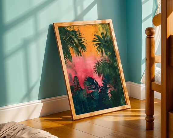 Tropical Leaves Print Psychedelic Palm Art Vibrant Jungle Decor Abstract Sunset Poster Pink Orange Gradient Wall Home Office