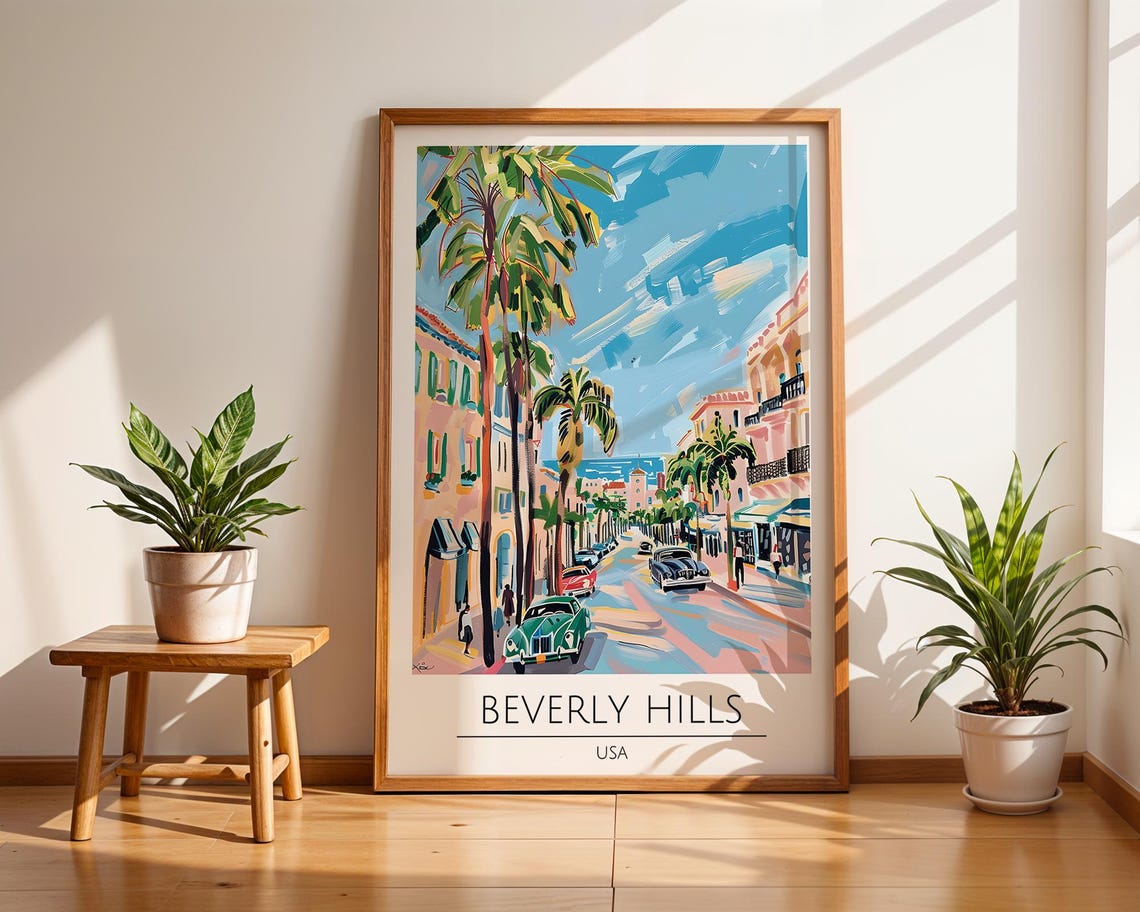 Beverly Hills USA Palm Tree Boulevard Vintage Cars Scene Poster