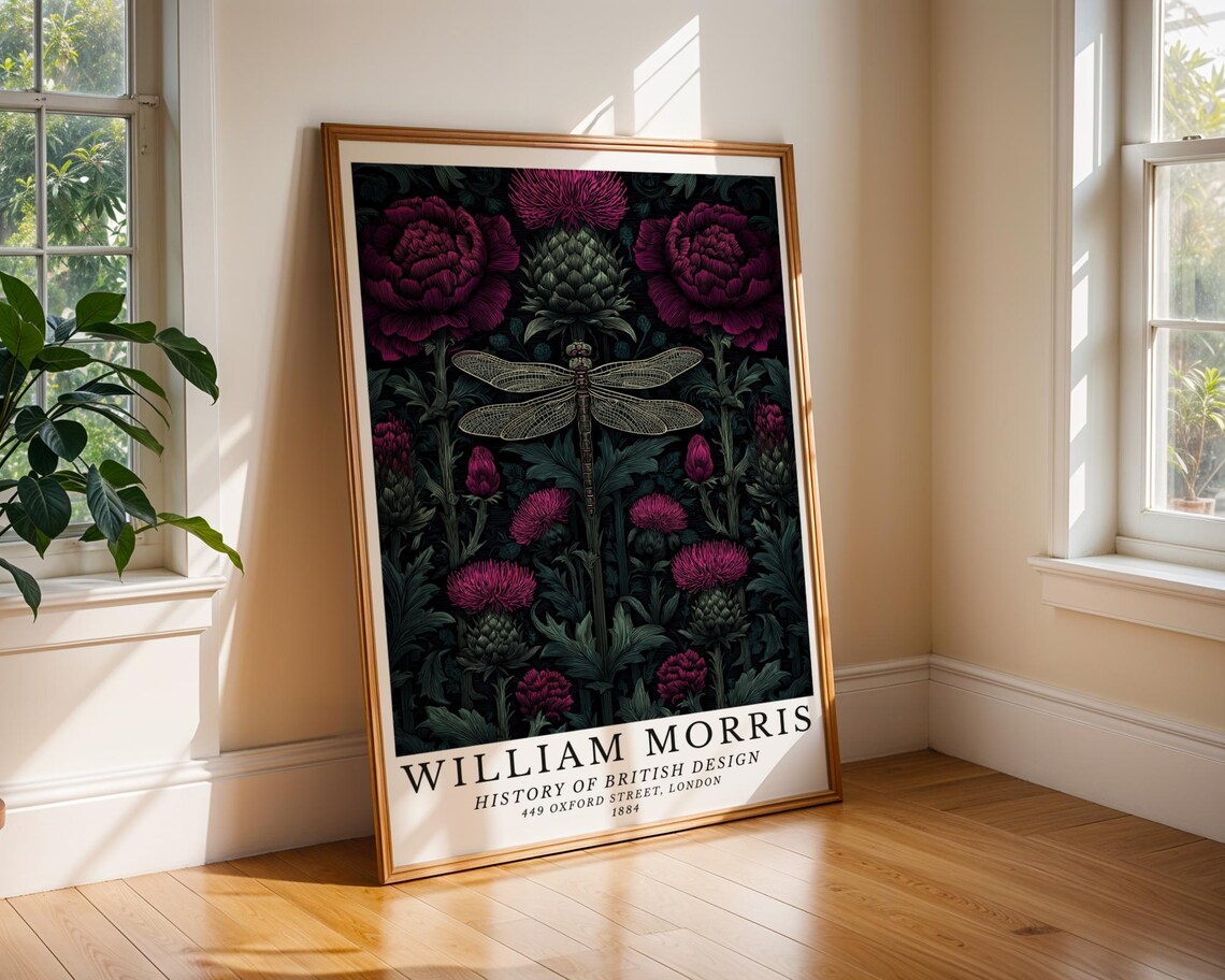 Victorian Dragonfly and Thistle, William Morris Art Print
