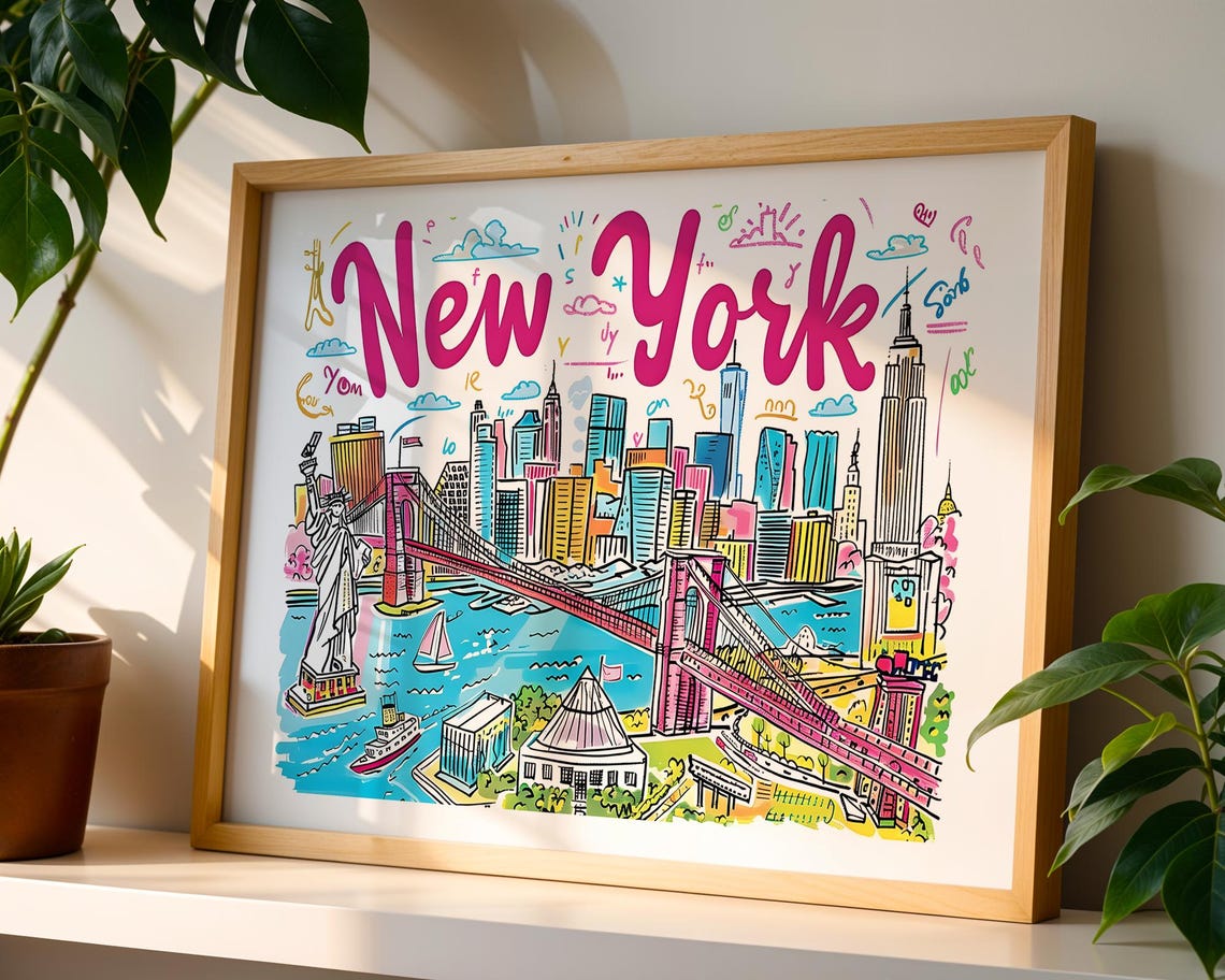 New York City Colourful Illustrated Brooklyn Bridge Skyline Art Poster