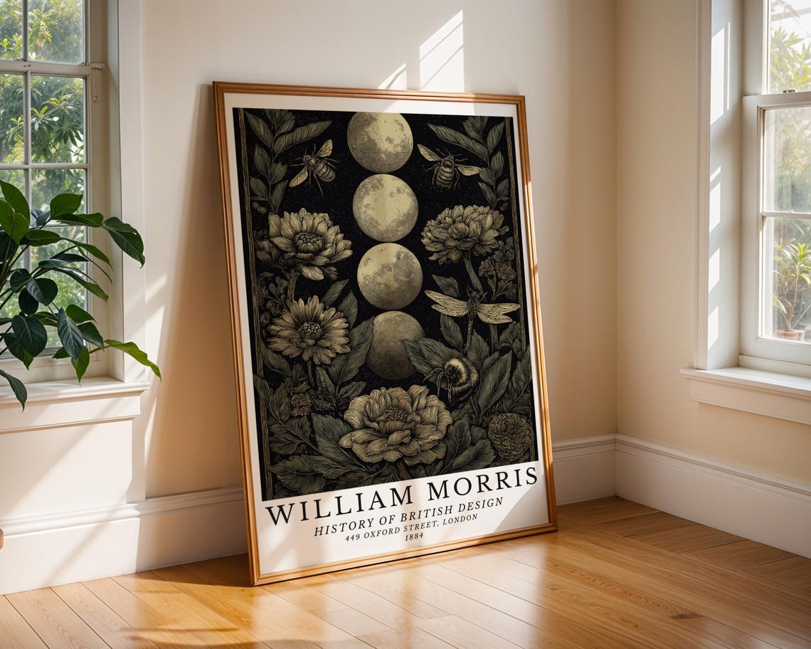 William Morris Style Moon Phases With Bees and Florals Poster
