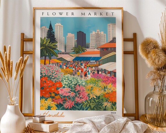 Honolulu Flower Market City Skyline Crowd 2024 Travel Poster