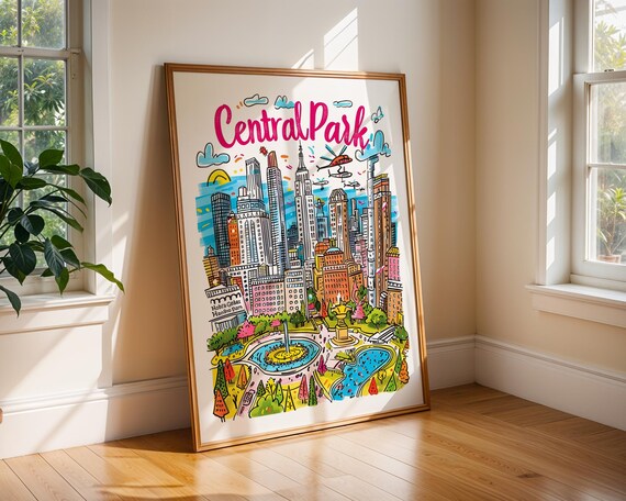 Central Park New York Colorful Skyline Illustration Travel Poster