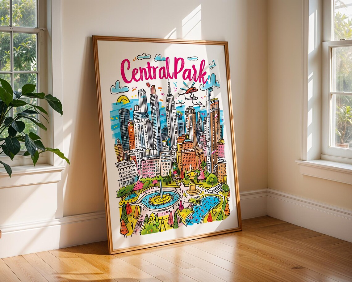 Central Park New York Colorful Skyline Illustration Travel Poster