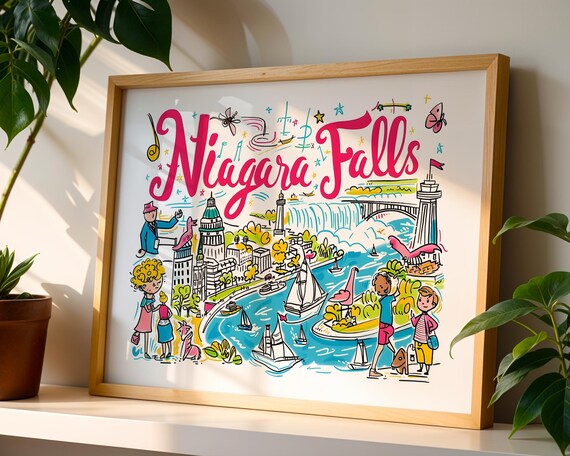 Niagara Falls Colourful Illustrated Waterfall Sailboats Landmark Poster