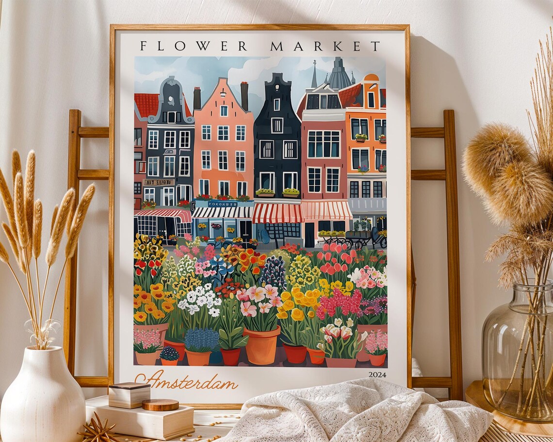 Amsterdam Flower Market 2024 Tulips and Canal Houses Travel Poster
