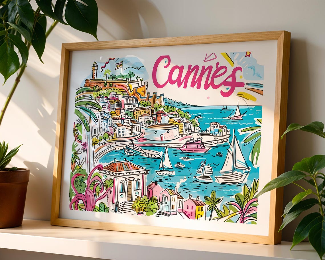Cannes French Riviera Harbor Sailboats Illustrated Travel Poster
