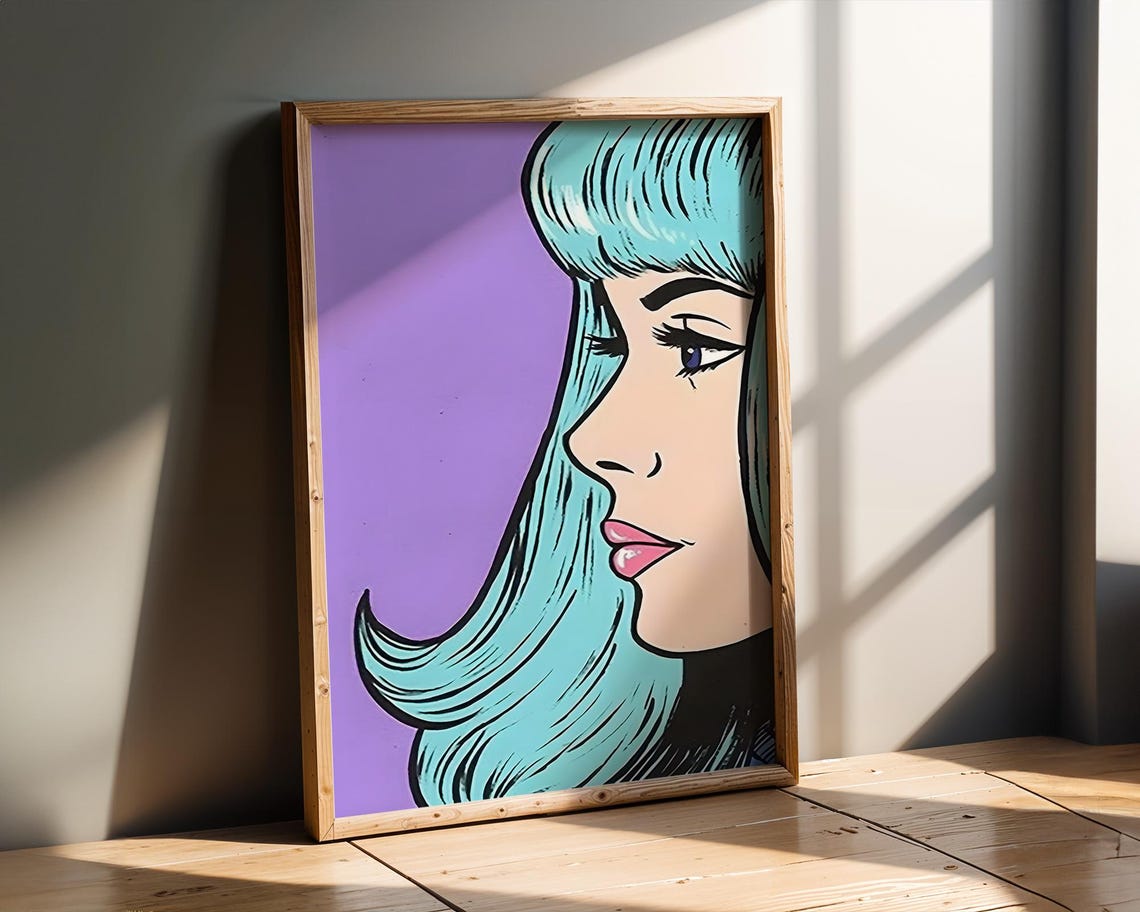 Aqua Haired Comic Woman Side Profile on Purple Pop Art Wall Poster