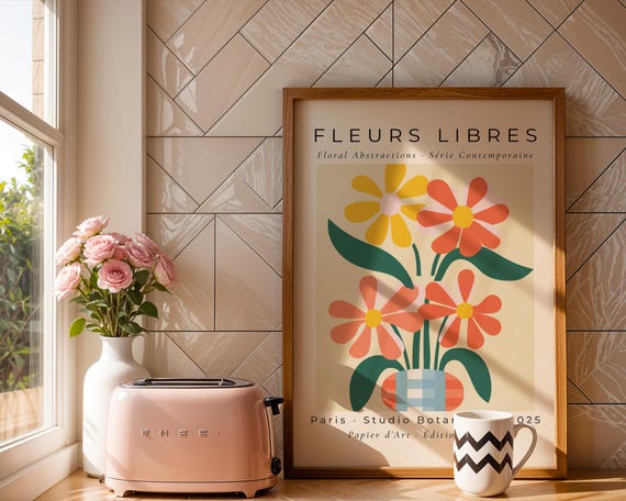 Retro Floral Vase Art Print Mid Century Modern Inspired Paris Flower Illustration In Warm Peach Tones Kitchen Poster Bedroom Gift