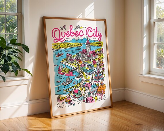 Vibrant Quebec City Colourful Hand Drawn Cityscape Travel Poster