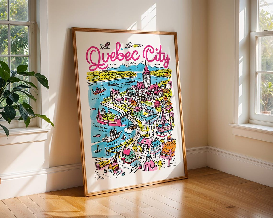 Vibrant Quebec City Colourful Hand Drawn Cityscape Travel Poster