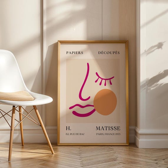 Matisse Inspired Abstract Face Print Blue Line Art With Orange Accent Modern Minimalist Wall Poster French Cutout Style Kitchen