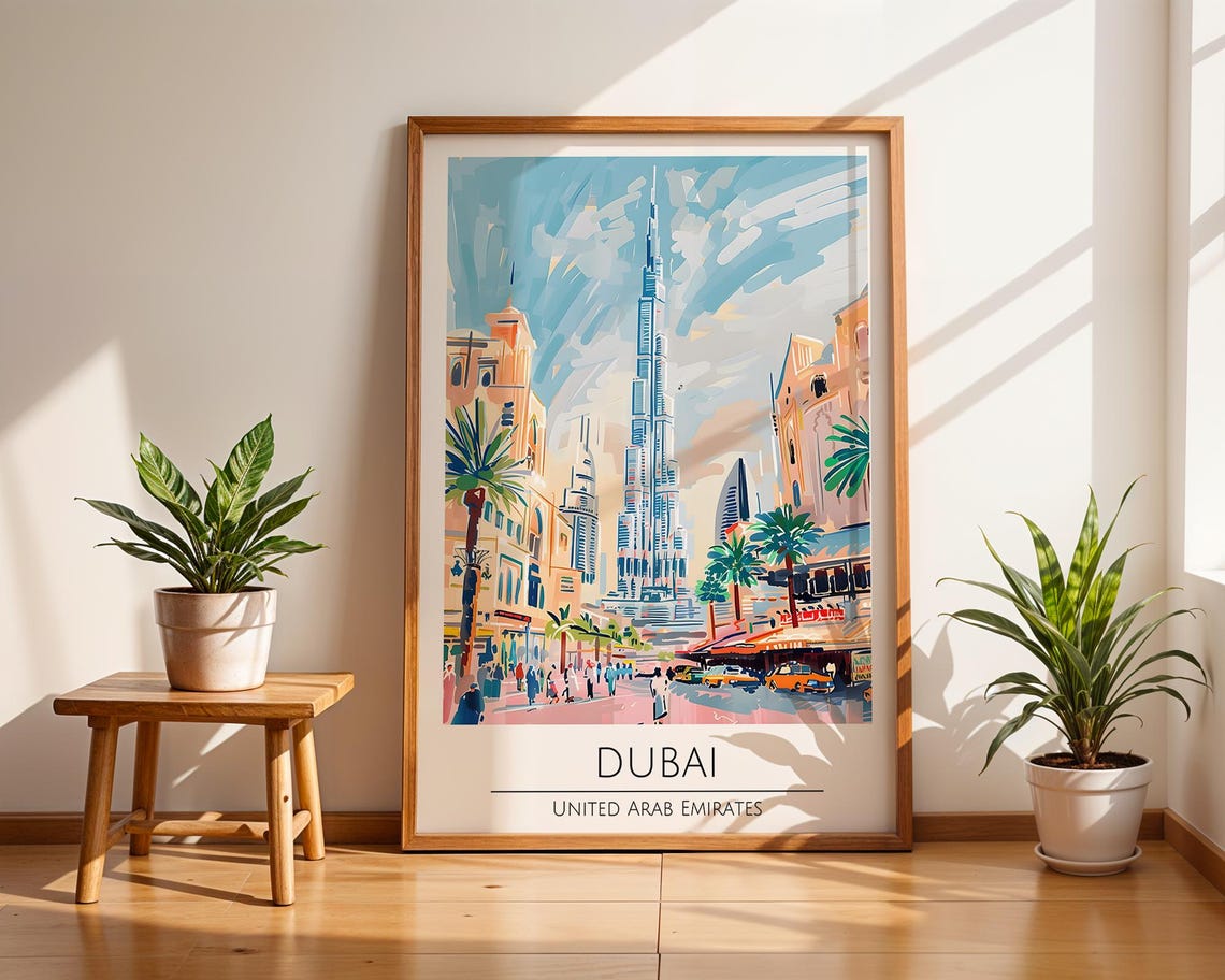 Dubai UAE Colorful Burj Khalifa Downtown Street Scene Art Poster