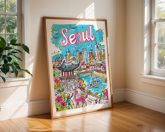 Seoul South Korea Colorful Illustrated Skyline Travel Poster