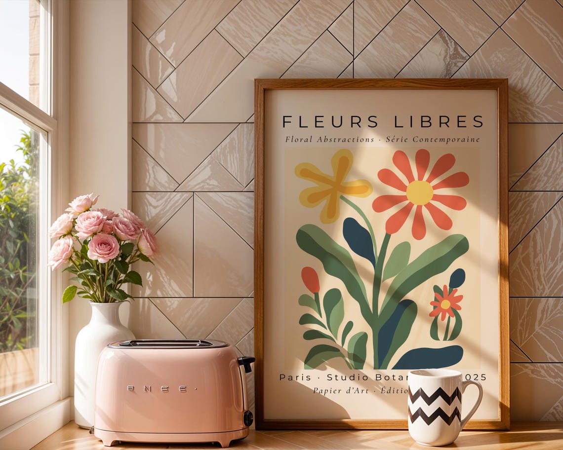 Fleurs Libres Paris Red Yellow Floral Bouquet Abstract Art Poster