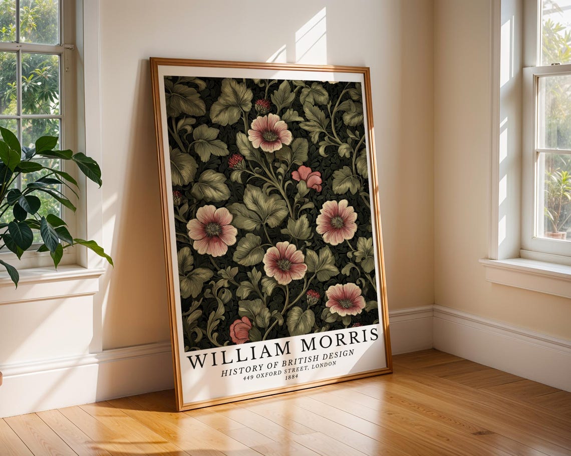William Morris Pink Blossoms Dark Floral Botanical Heritage Poster