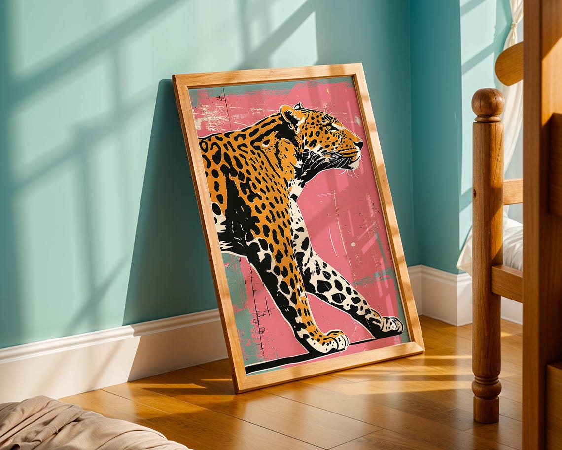 Abstract Leopard Pop Art Pink Orange Teal Modern Wildlife Poster