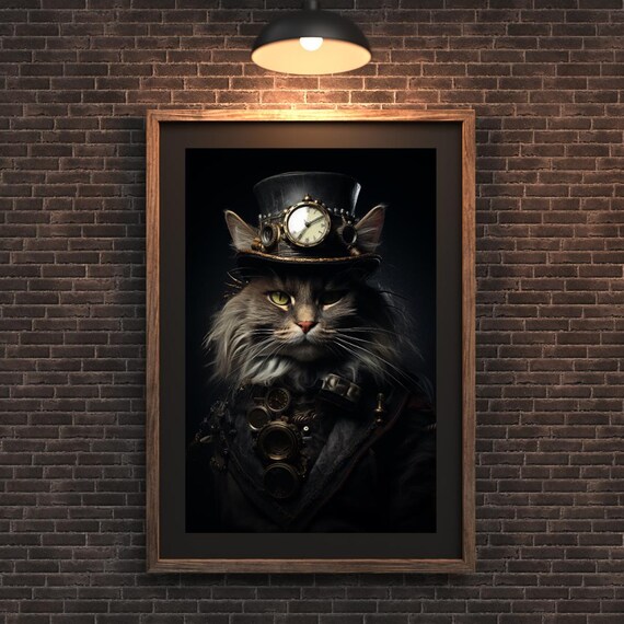Victorian Steampunk Cat Top Hat Goggles Regal Portrait Wall Art