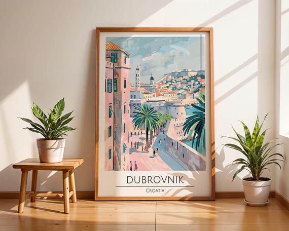Dubrovnik Croatia Old Town Poster Colourful Travel Wall Art Print Mediterranean Coastal City Illustration For Holiday Decor