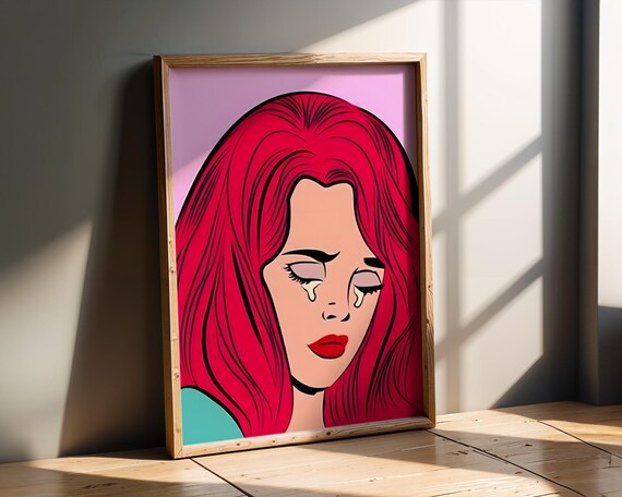 Pop Art Crying Woman Wall Retro Lichtenstein Style Print Pink Hair Red Lips Emotional Portrait Bold Modern Home Decor