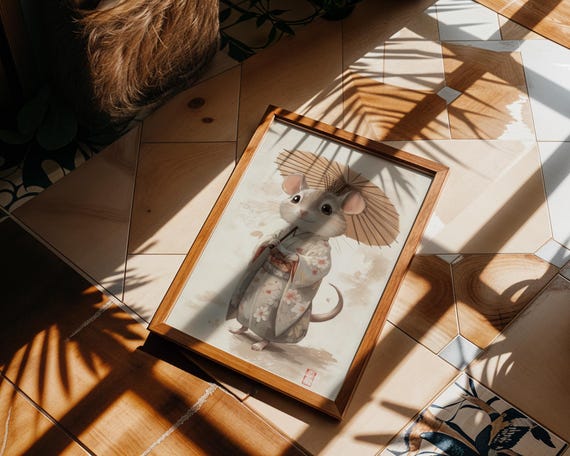 Kimono Mouse Wall Art Japanese Style Rodent Print Cute Animal Poster Zen Decor Kawaii Anthropomorphic Artwork