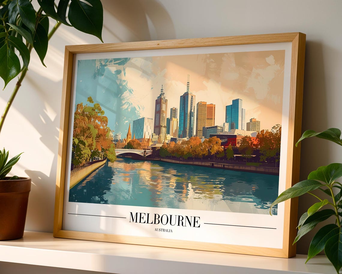 Melbourne Australia City Skyline Over River Retro Travel Poster