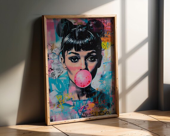 Urban Graffiti Girl With Bubblegum Street Art Portrait In Neon Pink Blue And Yellow Bold Modern Pop Wall Decor For Trendy Homes