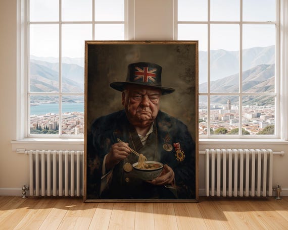 Winston Churchill In Traditional Kimono Holding Ramen Bowl Funny Historical Wall Art Unique British Gift Quirky Decor For Food Lovers