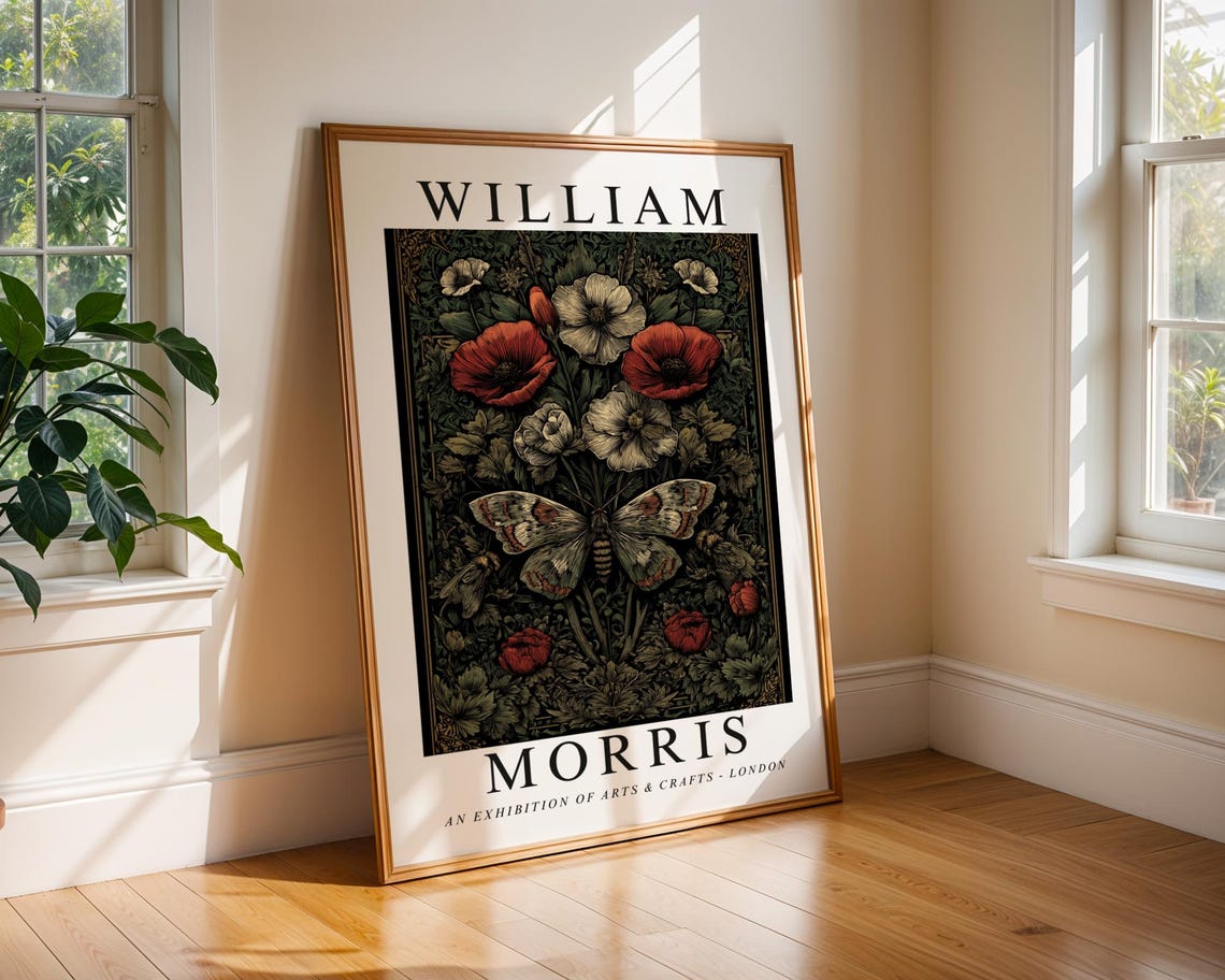 William Morris Moth And Poppy Print Vintage Victorian Arts Crafts Wall Art Dark Botanical Nature Illustration Poster