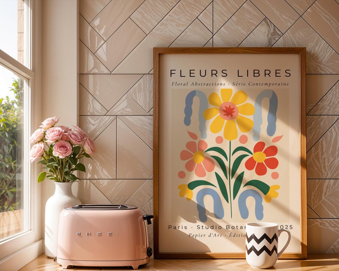 Fleurs Libres Folk Art Bouquet Yellow Coral Blooms Art Print