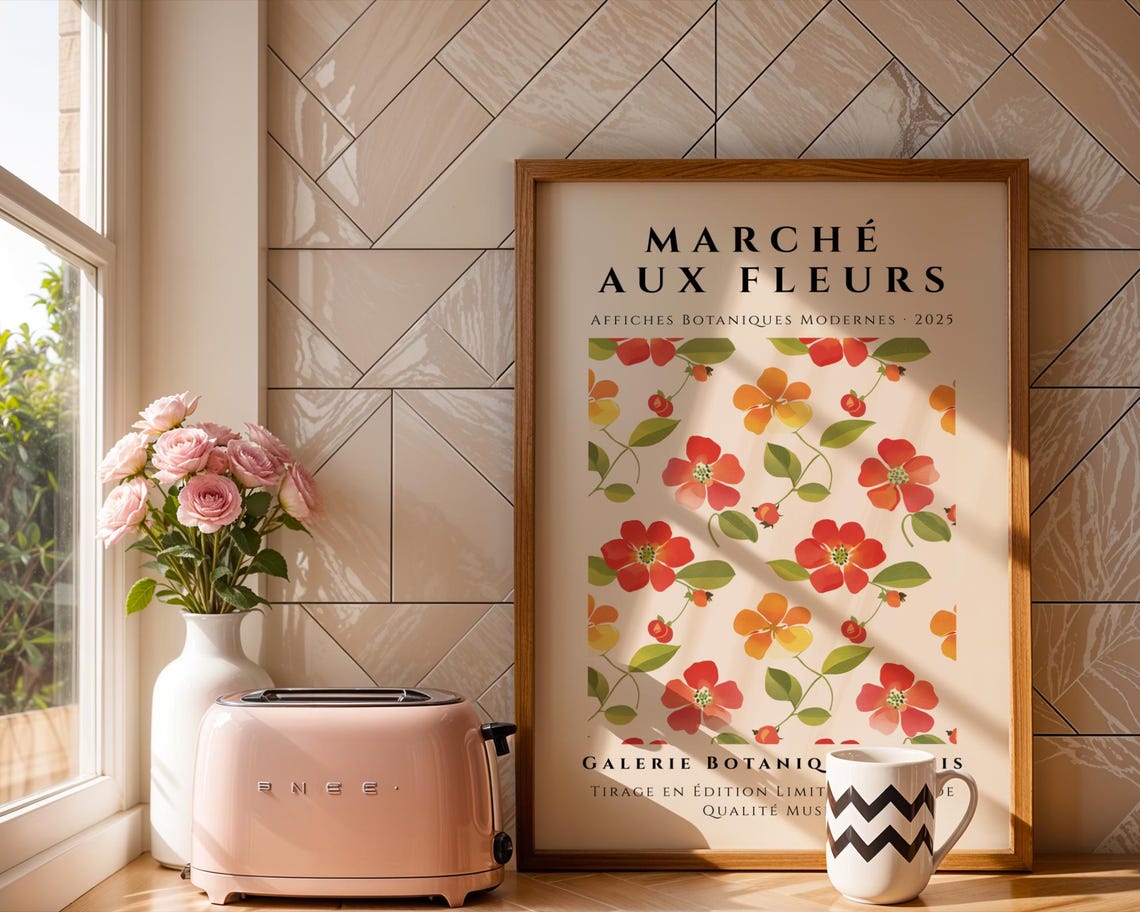 Marche Aux Fleurs Red Orange Blossom Garden Botanical Art Poster
