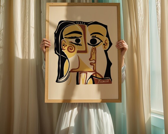 Picassoinspired Dual Face Art Print Bold Cubist Yellow Black Abstract Portrait Striking Modern Wall For Statement Decor Kitchen