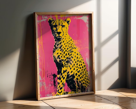 Pop Art Cheetah Graffiti Style Wild Cat Neon Pink Framed Poster