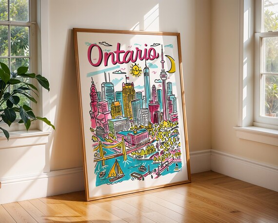 Ontario Canada Handdrawn Colourful Toronto Skyline Travel Poster