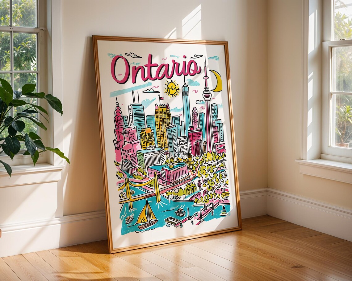 Ontario Canada Handdrawn Colourful Toronto Skyline Travel Poster