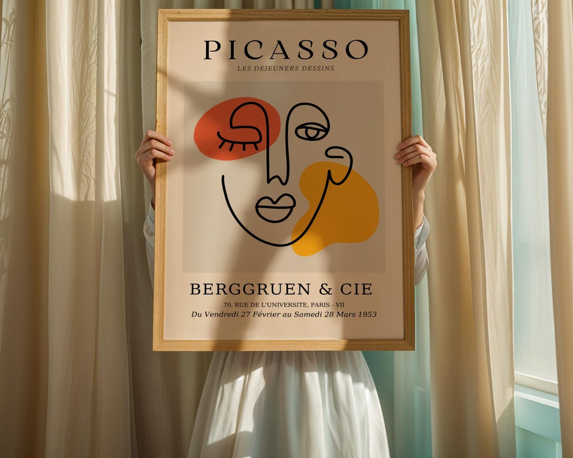 Picasso-Inspired Abstract Face Orange Yellow Bold Line Art Poster