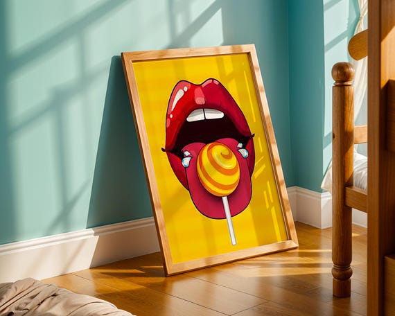 Pop Art Lollipop Print Retro Red Lips Candy Wall Modern Sweet Treat Poster Funky Kitchen Decor Home Office Bedroom