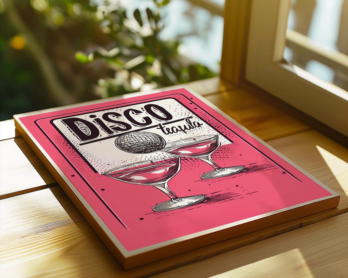 Disco Tequila Wall Print Pink Cocktail Bar Poster Summer Party Artwork Retro Drinks Illustration Bold Fun Decor Gift Kitchen