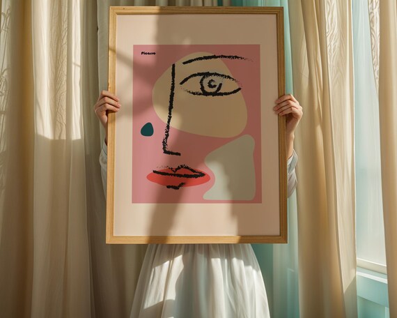 Picasso Style Pink Abstract Face Modern Minimalist Art Poster