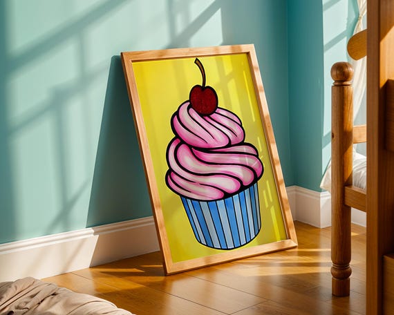 Pop Art Cupcake Wall Print Pink Frosting Cherry Dessert Artwork Retro Kitchen Decor Fun Colourful Food Illustration For Bakers