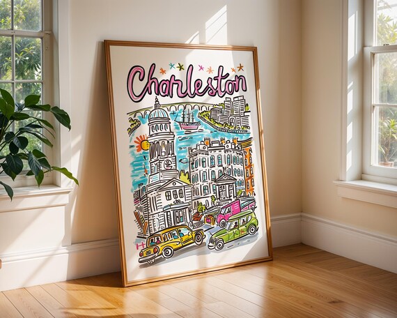 Charleston Harbor Historic Skyline Colorful Cartoon City Poster